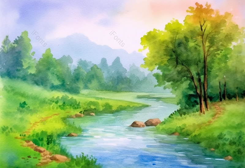 一个普通的夏天森林中绿色的树木草地和河流流水彩色手绘插画,插画/手绘图,插画/手绘图库,插画/手绘图下载,插画/手绘